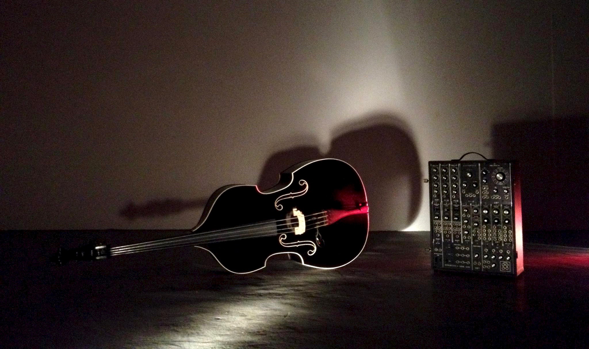 Acoustic bass and Moog synthesizer in a dark studio